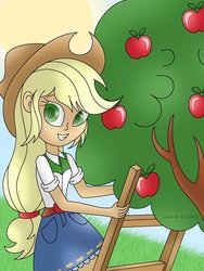 Size: 1024x1365 | Tagged: safe, artist:lavenderrain24, applejack, equestria girls, g4, apple, apple tree, clothes, cowboy hat, cute, denim skirt, female, food, freckles, hat, ladder, legs, skirt, smiling, solo, stetson, tree