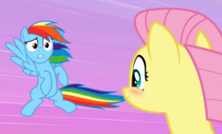 Size: 1060x642 | Tagged: safe, edit, edited screencap, screencap, fluttershy, rainbow dash, g4, blushing, eyes on the prize, female, lesbian, ship:flutterdash, shipping