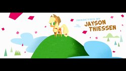 Size: 1200x675 | Tagged: safe, screencap, applejack, earth pony, pony, g4, my little pony: the movie, claus studios, credits, female, jayson thiessen, mare, pointy ponies, wip