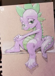Size: 1280x1775 | Tagged: safe, artist:gsphere, spike, dragon, g4, bedroom eyes, feet, male, photo, sitting, solo, stupid sexy spike, toes, traditional art