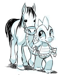 Size: 1280x1524 | Tagged: safe, artist:gsphere, spike, dragon, horse, g4, bridle, monochrome, simple background, sketch, smiling, tack, white background