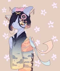 Size: 380x450 | Tagged: safe, artist:rinioshi, oc, oc only, earth pony, pony, clothes, ear fluff, female, hair accessory, hair over one eye, kimono (clothing), mare, solo