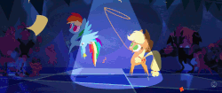 Size: 1280x536 | Tagged: safe, screencap, applejack, boyle, mullet (g4), pinkie pie, rainbow dash, trixie, classical hippogriff, hippogriff, parrot pirates, pony, g4, my little pony: the movie, animated, ashleigh ball, baby, credits, female, lasso, pirate, pointy ponies, rope, shipping fuel, storm guard