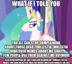 Size: 561x500 | Tagged: dead source, safe, edit, edited screencap, screencap, princess celestia, g4, no second prances, annoyed, female, image macro, meme, mouthpiece, op has a point, solo