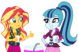 Size: 6000x4000 | Tagged: safe, artist:spottedlions, part of a set, sonata dusk, sunset shimmer, equestria girls, g4, absurd resolution, clothes, commission, cute, drink, friendshipping, fruit punch, punch (drink), punch bowl, shimmerbetes, simple background, smiling, tongue out, white background