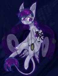 Size: 1662x2160 | Tagged: safe, artist:rinioshi, oc, oc only, bat pony, pony, ear fluff, fangs, headphones, leonine tail, mp3 player, slit pupils, solo