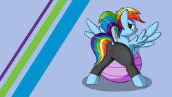 Size: 3840x2160 | Tagged: safe, artist:andelai, rainbow dash, pegasus, pony, g4, ball, bipedal, butt, clothes, dock, female, high res, looking back, mare, pants, plot, simple background, solo, tail hole, yoga pants