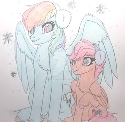 Size: 1024x1002 | Tagged: safe, artist:evergreen-gemdust, rainbow dash, scootaloo, pony, g4, earmuffs, female, folded wings, mare, scootalove, sitting, snow, spread wings, traditional art, watermark, wings
