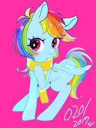 Size: 1536x2048 | Tagged: safe, artist:yam, rainbow dash, pegasus, pony, g4, female, looking at you, looking sideways, scarf, smiling, solo, spread wings, turned head, wings