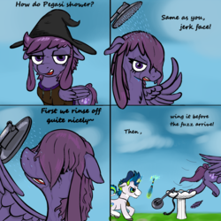 Size: 1024x1024 | Tagged: safe, artist:vee ness, oc, oc only, oc:vee ness, oc:zix zapzap, pegasus, pony, unicorn, behaving like a bird, bird bath, comic, meme