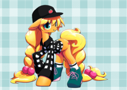 Size: 1447x1020 | Tagged: safe, artist:unousaya, applejack, earth pony, pony, g4, cap, clothes, convention, female, freckles, hat, mare, raised hoof, shoes, socks, solo