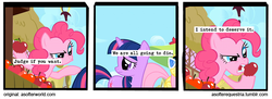 Size: 720x261 | Tagged: safe, artist:asofterequestria, edit, edited screencap, screencap, fluttershy, pinkie pie, twilight sparkle, comic:a softer equestria, g4, green isn't your color, a softer world, apple, comic, eating, food, screencap comic