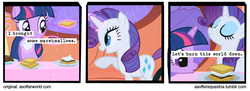 Size: 720x261 | Tagged: safe, artist:asofterequestria, edit, edited screencap, screencap, rarity, twilight sparkle, pony, unicorn, comic:a softer equestria, g4, look before you sleep, a softer world, comic, duo, female, food, golden oaks library, mare, marshmallow, s'mores, screencap comic, unicorn twilight
