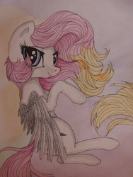 Size: 750x1000 | Tagged: safe, artist:rinioshi, oc, oc only, pegasus, pony, female, mare, smiling, solo, traditional art