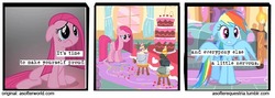 Size: 719x256 | Tagged: safe, artist:asofterequestria, edit, edited screencap, screencap, mr. turnip, pinkie pie, rainbow dash, rocky, earth pony, pegasus, pony, comic:a softer equestria, g4, party of one, a softer world, cake, comic, duo, female, food, mare, nervous, pinkamena diane pie, rock, screencap comic, turnip