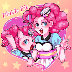 Size: 750x750 | Tagged: safe, artist:prk, pinkie pie, human, pony, coinky-dink world, equestria girls, g4, my little pony equestria girls: summertime shorts, blushing, clothes, female, heart eyes, human ponidox, mare, self ponidox, server pinkie pie, wingding eyes