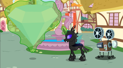 Size: 1153x643 | Tagged: safe, changeling, g4, diamond, film projector, flagpole, fountain, ponyville