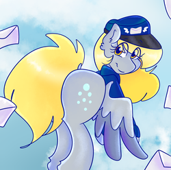 Size: 1712x1700 | Tagged: safe, artist:inspirationalponies, derpy hooves, pegasus, pony, g4, clothes, ear fluff, female, flying, hat, letter, looking at you, looking back, looking back at you, mailmare, mare, smiling, solo, spread wings, wings