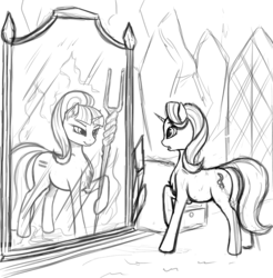 Size: 1280x1299 | Tagged: safe, artist:lightly-san, starlight glimmer, pony, unicorn, g4, the cutie map, chest fluff, duality, ear fluff, equal cutie mark, female, grayscale, inner demons, looking at each other, mare, mirror, monochrome, open mouth, raised hoof, reflection, s5 starlight, self ponidox, sketch, solo, staff, staff of sameness