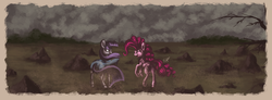 Size: 2600x959 | Tagged: safe, artist:raramila, maud pie, pinkie pie, earth pony, pony, g4, duo, female, looking at each other, mare, rock farm, sisters, smiling, when she smiles