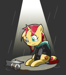 Size: 1327x1498 | Tagged: safe, artist:rvceric, sunset shimmer, pony, unicorn, equestria girls, g4, monday blues, my little pony equestria girls: summertime shorts, clothes, coffee, crying, cup, female, mare, paper bag, rain, sad, sitting, solo, sunsad shimmer