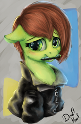 Size: 1310x2000 | Tagged: safe, artist:drafthoof, oc, oc only, oc:oil drop, pony, bust, clothes, floppy ears, jacket, leather jacket, mouth hold, portrait, solo, stylus