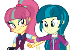 Size: 896x588 | Tagged: safe, artist:mlpshimmysunshine123, juniper montage, sour sweet, human, equestria girls, g4, base used, bowtie, clothes, crystal prep academy uniform, duo, female, freckles, lesbian, missing accessory, ponytail, school uniform, ship:junipersweet, shipping, simple background, white background
