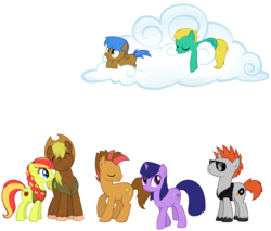 Size: 5771x4909 | Tagged: safe, artist:petraea, oc, oc only, oc:altair, oc:berner, oc:florina, oc:glamour, oc:mighty, oc:otto, oc:sparky, earth pony, pegasus, pony, unicorn, absurd resolution, braid, cloud, colored hooves, cowboy hat, cutie mark, female, filly, foal, hat, hooves, lying on a cloud, male, mare, on a cloud, simple background, stallion, sunglasses, transparent background, vector, wings