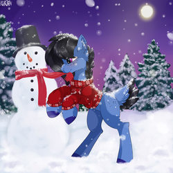 Size: 3000x3000 | Tagged: safe, artist:kuroran, oc, oc only, pony, rcf community, clothes, high res, moon, scarf, snow, snowman, solo, tree, winter