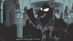 Size: 1920x1080 | Tagged: safe, screencap, pony of shadows, pony, shadow pony, g4, shadow play, darkness, glowing eyes, male, meme, raised hoof, shame, solo, stallion, welcome, well of shade, well of shame, youtube caption