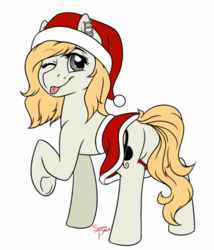 Size: 342x400 | Tagged: safe, artist:snowpaca, oc, oc only, oc:sophie hoofington, pony, butt, christmas, clothes, cute, cutie mark, hat, headphones, holiday, looking back, one eye closed, piercing, plot, raised hoof, santa hat, simple background, skirt, skirt lift, solo, tongue out, tongue piercing, transparent background, underhoof, wink