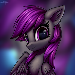 Size: 3000x3000 | Tagged: safe, artist:setharu, oc, oc only, oc:gray stillness, pegasus, pony, bust, chest fluff, commission, ear fluff, female, fluffy, high res, looking at you, mare, portrait, signature, smiling, solo, zoom layer