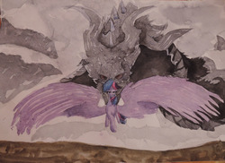 Size: 1000x727 | Tagged: safe, artist:rinioshi, twilight sparkle, alicorn, dragon, pony, g4, female, large wings, looking at you, mare, skyrim, the elder scrolls, traditional art, twilight sparkle (alicorn), wings