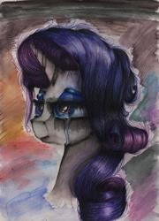 Size: 721x1000 | Tagged: safe, artist:rinioshi, rarity, pony, unicorn, g4, bust, crying, female, lidded eyes, makeup, mare, portrait, running makeup, solo, traditional art