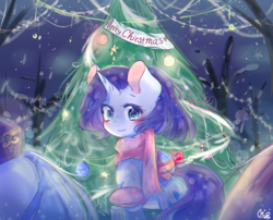 Size: 1501x1213 | Tagged: safe, artist:windymils, rarity, g4, blushing, candy, candy cane, christmas, christmas tree, clothes, female, food, holiday, looking at you, night, ornaments, scarf, snow, solo, tree, winter