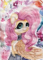 Size: 821x1131 | Tagged: safe, artist:rinioshi, fluttershy, pegasus, pony, g4, choker, clothes, female, looking at you, mare, smiling, socks, solo, traditional art
