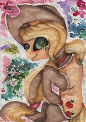 Size: 1212x1711 | Tagged: safe, artist:rinioshi, applejack, earth pony, pony, g4, choker, clothes, eyeshadow, female, hat, looking at you, makeup, mare, smiling, socks, solo, traditional art