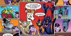 Size: 1039x524 | Tagged: safe, artist:andypriceart, idw, official comic, abyssinian king, abyssinian queen, cave troll jim, dudley nightshade, iron will, king aspen, king longhorn, queen birch, queen chrysalis, seabreeze, twilight sparkle, abyssinian, alicorn, bat pony, breezie, bull, deer, parrot, parrot pirates, pony, troll (fantasy), g4, my little pony: the movie, spoiler:comic, spoiler:comic61, blood, comic, cowboy hat, crackers, cropped, doe, female, food, hat, mare, meta, pirate, speech bubble, stag, twilight sparkle (alicorn), unnamed character, unnamed ornithian, unnamed pony