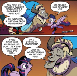 Size: 614x605 | Tagged: safe, artist:andypriceart, idw, official comic, horwitz, twilight sparkle, alicorn, pony, yak, g4, spoiler:comic, spoiler:comic61, comic, cropped, duo, female, glasses, hoofshake, male, mare, orange background, simple background, speech bubble, twilight sparkle (alicorn)
