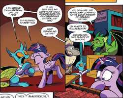 Size: 1041x832 | Tagged: safe, artist:andy price, idw, official comic, blacktip, horwitz, twilight sparkle, urtica, alicorn, changedling, changeling, dragon, pony, yak, g4, spoiler:comic, spoiler:comic61, book, comic, cropped, female, floppy ears, library, male, mare, orange background, simple background, speech bubble, stuttering, twilight sparkle (alicorn)