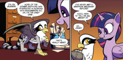Size: 1153x561 | Tagged: safe, artist:andypriceart, idw, official comic, glenda, twilight sparkle, alicorn, griffon, pony, g4, spoiler:comic, spoiler:comic61, comic, cropped, duo, female, gradient background, mare, speech bubble, twilight sparkle (alicorn)