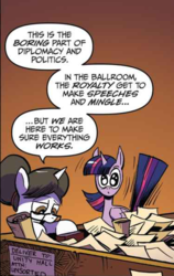 Size: 376x594 | Tagged: safe, artist:andypriceart, idw, official comic, raven, twilight sparkle, alicorn, pony, unicorn, g4, spoiler:comic, spoiler:comic61, brown background, cropped, duo, female, mare, nerd pony, orange background, simple background, speech bubble, tail, tailboner, that pony sure does love organization, twilight sparkle (alicorn), twilighting