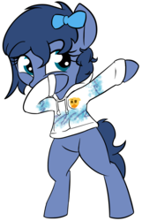 Size: 1073x1671 | Tagged: safe, artist:wenni, derpibooru exclusive, oc, oc only, oc:whinny, earth pony, pony, 2018 community collab, derpibooru community collaboration, bipedal, bow, clothes, dab, emoji, female, hair bow, hoodie, mare, simple background, solo, solo jazz, transparent background, 🤔