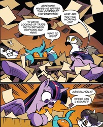 Size: 694x853 | Tagged: safe, artist:andypriceart, idw, official comic, glenda, raven, twilight sparkle, urtica, alicorn, changedling, changeling, griffon, pony, g4, spoiler:comic, spoiler:comic61, comic, cropped, female, horn, horn impalement, mare, paper, speech bubble, that pony sure does love organization, twilight sparkle (alicorn)