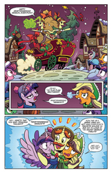 Size: 956x1472 | Tagged: safe, artist:brenda hickey, idw, applejack, flam, flim, twilight sparkle, alicorn, pony, g4, spoiler:comic, spoiler:comicholiday2017, bag, bells, bundled up, christmas, christmas tree, clothes, cute, flamabetes, flim flam brothers, flimabetes, hat, hearth's warming eve, holiday, holly, preview, scarf, tree, twilight sparkle (alicorn), winter outfit