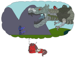 Size: 3004x2331 | Tagged: safe, artist:supahdonarudo, princess luna, oc, oc:ironyoshi, g4, abuse, chase, dinobot, dream, grimlock, high res, lunabuse, panic, riding, running, simple background, sleeping, transformers, transparent background, zzz