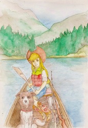 Size: 692x1006 | Tagged: safe, artist:daisymane, applejack, winona, dog, human, g4, boat, clothes, cowboy hat, forest, hat, humanized, lake, looking at you, stetson, traditional art