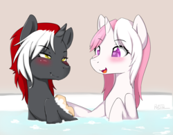 Size: 4500x3500 | Tagged: safe, artist:potzm, oc, oc only, oc:lawyresearch, oc:lawyshadow, pony, unicorn, bathtub, cute, cute little fangs, fangs, female, heart eyes, lesbian, shipping, wingding eyes