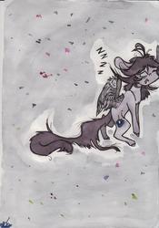 Size: 1000x1428 | Tagged: safe, artist:rinioshi, oc, oc only, pegasus, pony, bipedal, female, mare, open mouth, sleeping, sleepwalking, solo, traditional art, zzz