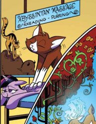 Size: 514x665 | Tagged: safe, artist:andypriceart, idw, official comic, twilight sparkle, abyssinian, alicorn, bison, buffalo, cat, deer, pony, g4, spoiler:comic, spoiler:comic61, antlers, back rubbing, comic, cropped, eyes closed, female, furry reminder, glowing horn, horn, kneading, lidded eyes, magic, mare, massage, plant magic, prone, relaxed, smiling, tree, twilight sparkle (alicorn), unnamed abyssinian, unnamed character, unnamed deer, vine